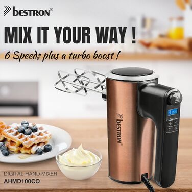 Міксер ручний Bestron Power з 6 рівнями потужності, Turbo-функцією та LCD-дисплеєм. В комплекті: 2 вінчики та 2 гаки для тіста. Легкий (1 кг), колір: мідний