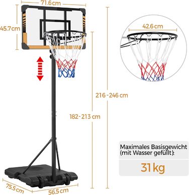 Yaheetech Adjustable Height Basketball Stand with Wheels - Mobile Basketball Hoop, Water or Sand Fillable, Indoor/Outdoor Basketball System - 226.5cm - 256.5cm