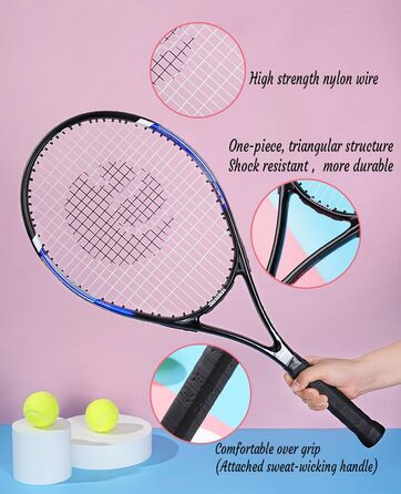 Senston Adult Tennis Racket Set - 2 Rackets, 3 Balls, 2 Grips, Vibration Dampeners (Red & Blue)