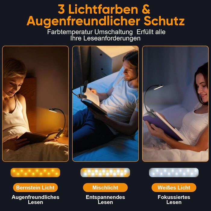 LED лампа для читання на прищіпці з акумулятором, нічник з 24 LED для дітей, USB перезарядна лампа з 3 режимами колірної температури та 5 рівнями регулювання яскравості, гнуший лебединий шийний кріплення для читання в ліжку, чорний