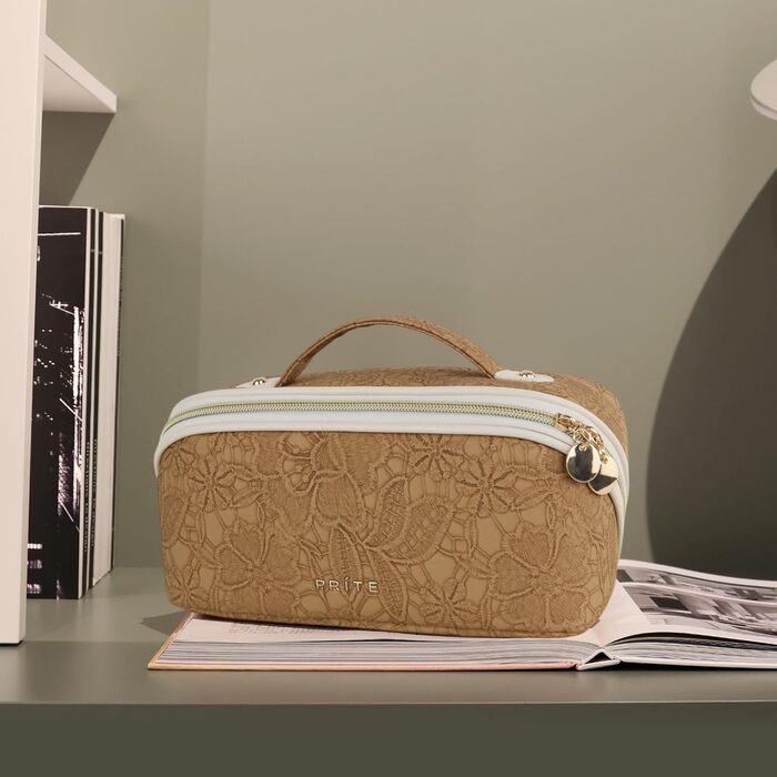 Косметичка велика містка для подорожей, водонепроникна з PU-шкіри, з прозорими перегородками та ручкою (M, Коричнева квітка)