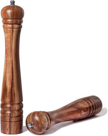 DeroTeno Salt and Pepper Mill Set, 2-Piece Spice Mill Set, Salt and Pepper Mills made of Acacia Wood with Ceramic Grinder, H 30 cm