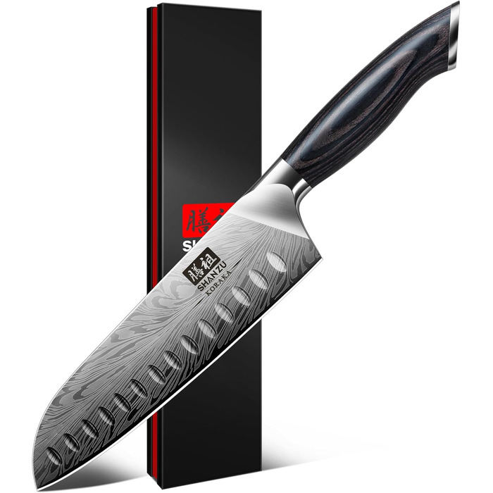 Японський ніж SHAN ZU Santoku 18 см з пудрованої сталі для професійної кухні, з ергономічною ручкою з паккавуда