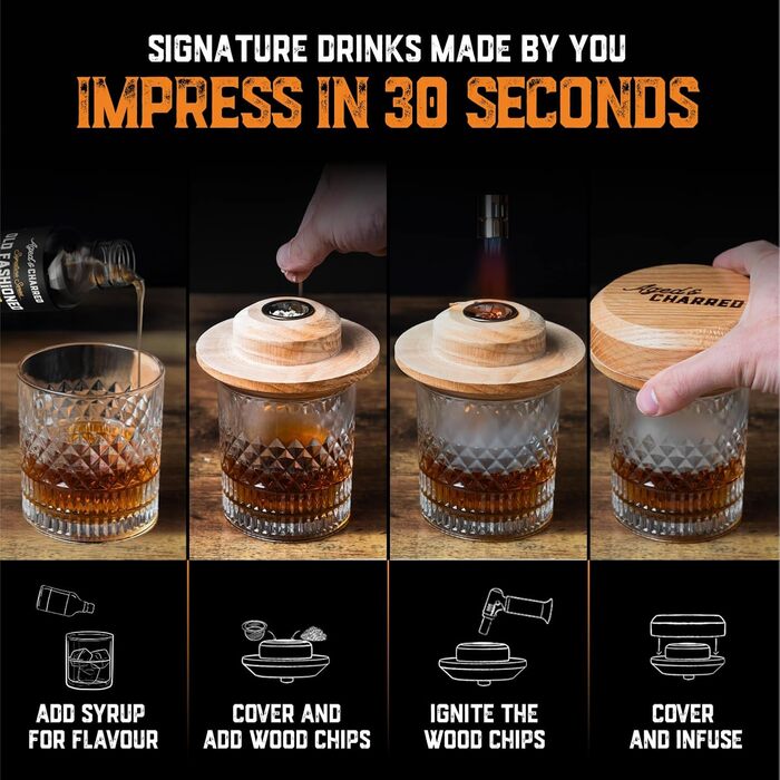 Набір для копчення коктейлів з пальником та 8 смаків дерев'яних стружок - Преміум коптячка з дуба США - Набір для Old Fashioned - Подарунок для чоловіків (з бутаном)
