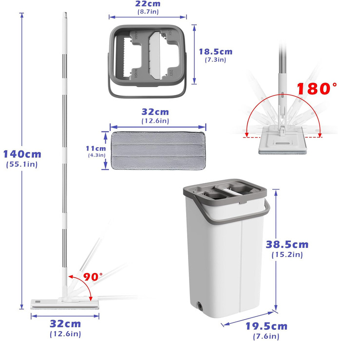Набір для миття підлоги з відром, вичавлювач для підлоги, набір мопів 2 в 1 з регульованою ручкою з нержавіючої сталі та 6 мікрофібровими насадками, підходить для плитки та ламінату (моп з відром - білий)