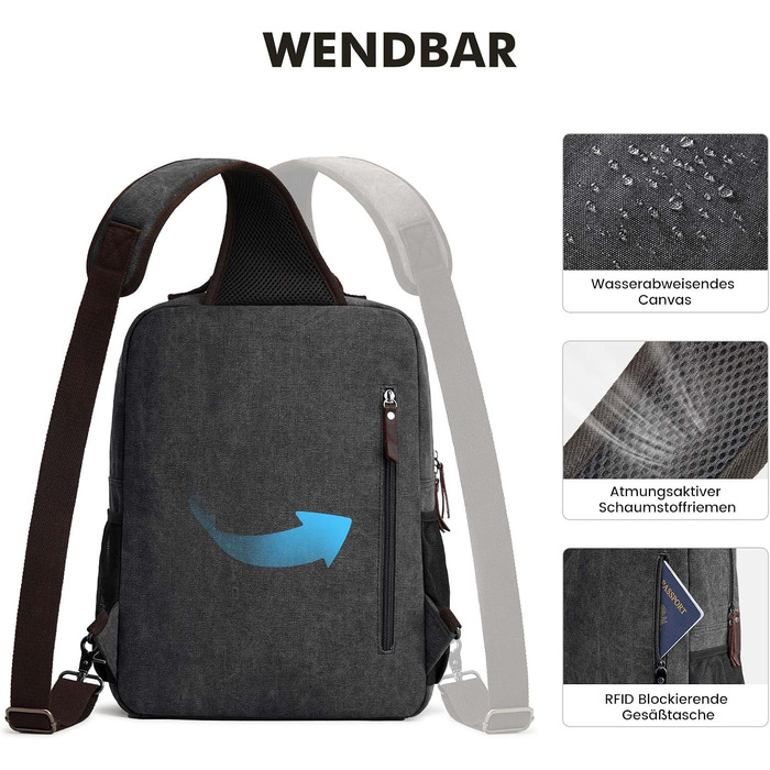 Чоловічий рюкзак-слінг S-ZONE для ноутбука 13-16 дюймів, водонепроникна сумка через плече з канвасу, міська сумка для щоденного використання, чорна