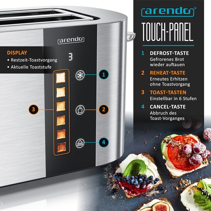 Тостер Arendo з нержавіючої сталі, 4 слоти, сенсорний екран, подвійні стінки, 1500 Вт, підставка для булочок, 6 ступенів підсмажування, центрування хліба, таймер, пам'ять, колір: сталевий