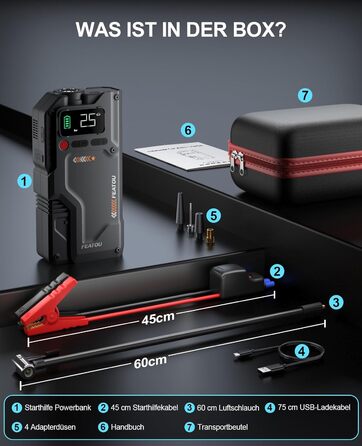 Powerbank для автомобіля Starthilfe з компресором 150PSI, 6000A, 12V, для бензинових та дизельних авто (до 10л), QC3.0, LCD, ліхтарик