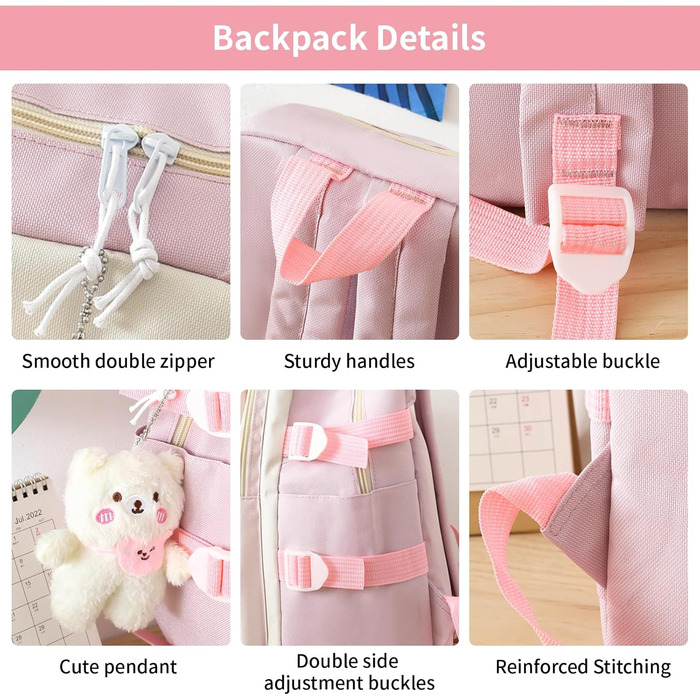 Набір шкільних рюкзаків IvyH 5-ти частинний: рюкзак для дівчинки, сумка для школи, підліткові рюкзаки, рюкзак для дівчаток 3-7 класів, набір шкільних сумок з пеналом та нагрудником, 45 см, рожевий 8583#