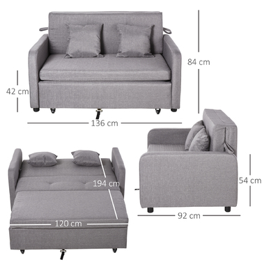 HOMCOM Sleeper Sofa, Sleeper Couch with Storage, Throw Pillows, Armrests, 2-Seater Sofa Bed with Sleeping Function, Linen Look, Upholstered Couch with Wheels for Living Room, Bedroom, Grey | Aosom