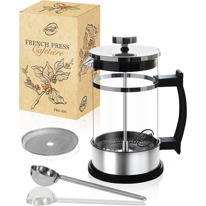 Френч-прес скляний 0,6 л з нержавіючої сталі - набір для приготування кави з запасним фільтром та ложкою - ручна кавомашина для кави та чаю