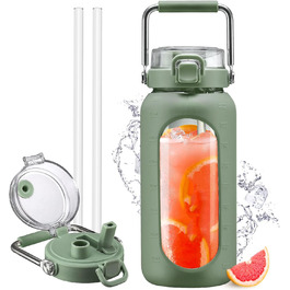 1.9L Glass Water Bottle, Glass Drinking Bottle with Straw and Stainless Steel Handle, Motivational Water Bottle with Silicone Sleeve and Time Marker, Water Pitch, (Olive2, 1900ML)