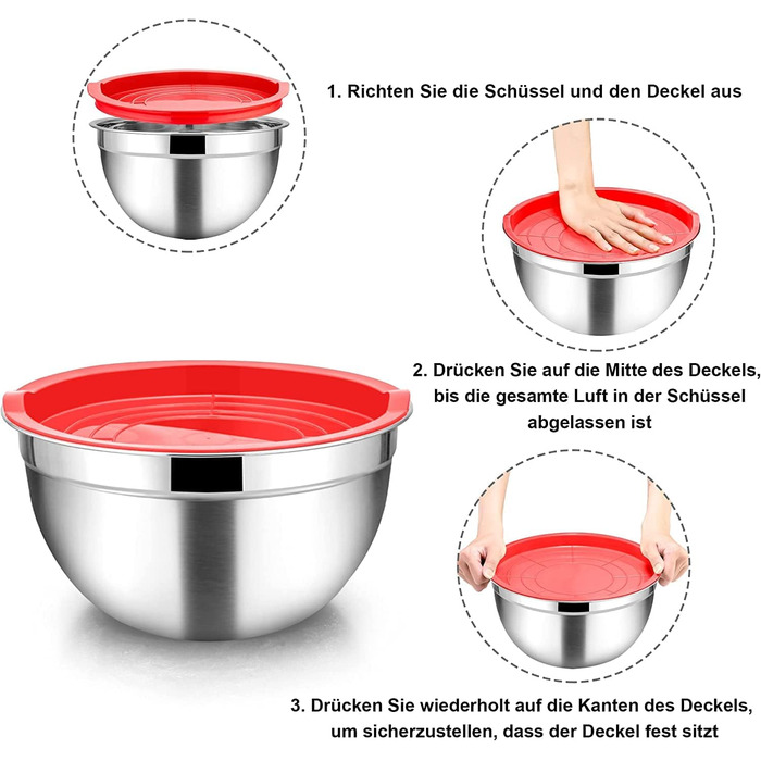 Homikit Mixing Bowl Set of 7, Stainless Steel Bowl Set, Salad Bowl with Airtight Lid for Cooking/Baking/Serving, Stackable, Versatile, Dishwasher Safe, 6.5/4.5/2.7/2.5/1.5/1.2/0.7L, Red