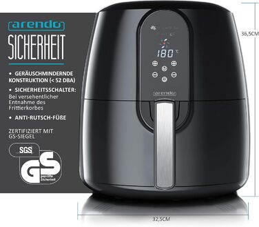 Arendo Heißluftфритюрниця XXL 5,2 л, сенсорне керування, 1800 Вт, 7 програм, 3D циркуляція, без олії, чорна