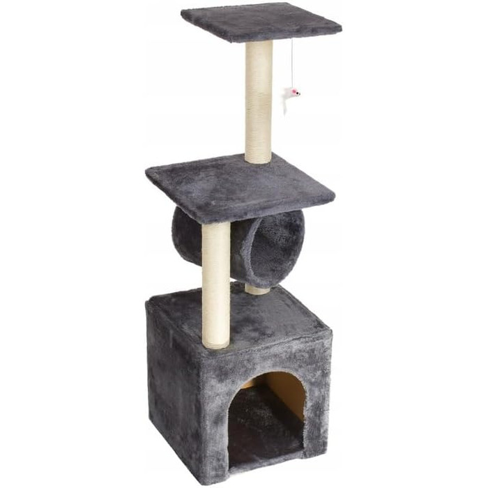 Клітка-гойдалка для котів Kratzbaum 90 см з оглядовою платформою, будиночком та когтеточками, сізал, сірий