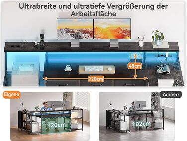 Ігровий стіл Coleshome з 7 висувними ящиками та великим об'ємом зберігання, 199.5×145.5 см, кутовий стіл з RGB LED підсвічуванням, реверсивний L-подібний стіл з 2 розетками, ідеальний для офісу та геймінгу, чорний, 199.5×145.5 см