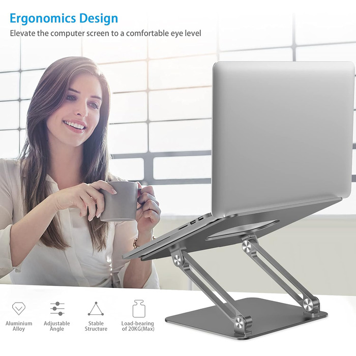 Adjustable Aluminum Laptop Stand - Ventilated Laptop Holder for 10-17 Inch Laptops - Compatible with MacBook, Dell, HP, Samsung, Acer