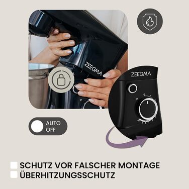 Кухонний комбайн ZEEGMA PLANEET EASY 1500W, 5.2 л, 10 швидкостей, з набором насадок (міксер, гачок, вінчик), чорний