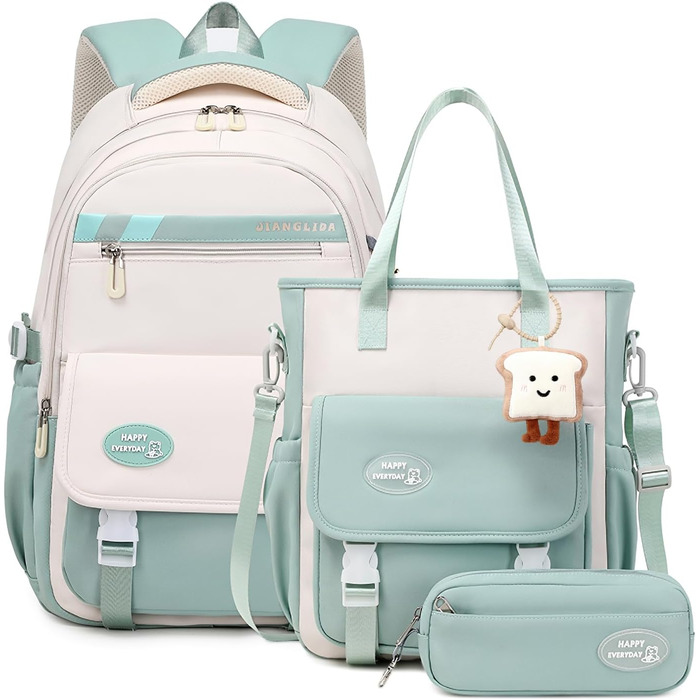 Шкільний рюкзак Tanou для дівчаток-підлітків: набір з рюкзаком, сумкою через плече та пеналом. Зелений шкільний рюкзак для дітей.