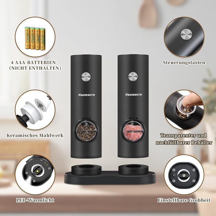 Haomacro Electric Salt and Pepper Grinder Set, Battery Operated, Electric Pepper Grinder Automatic Spice Grinder Salt Shaker with Base, LED Light, Adjustable in 5 Levels