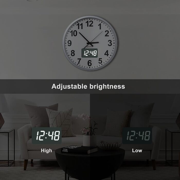 KWANWA Modern Wall Clock with No Ticking Sound • Digital LCD/LED Display • Calendar & Temperature • Battery Powered • 30.5cm • 12h Format, Perfect for Kitchen, Bedroom & Office (Silver-White LED)