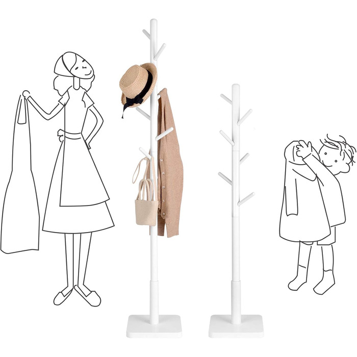VASAGLE Coat Rack, Clothes Rack Solid Wood, Tree Shape Jacket Stand, 8 Hooks for Jackets, Hats, for Entryway, Hooks and Hold Bar Made of Rubber Wood, Cloud White RCR010W02