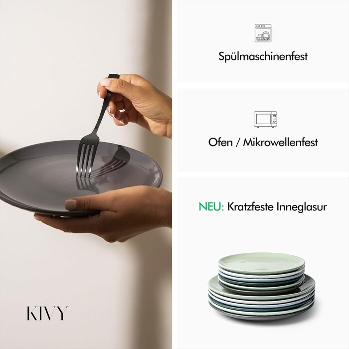 KIVY Dinnerware Set for 6 People [Scratch & Dishwasher Safe] 6x27cm + 6x22cm - Plate Set 12-Piece Modern - Dinnerware Set - Combination Service - Green Dinnerware Set - Dinner Plates - Dessert Plates - Dinnerware