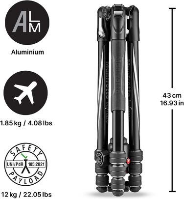 Компактний дорожній штатив Manfrotto Befree Advanced з кулястою головкою та важелем блокування, алюміній, для DSLR та бездзеркальних камер (GT Twist Black)