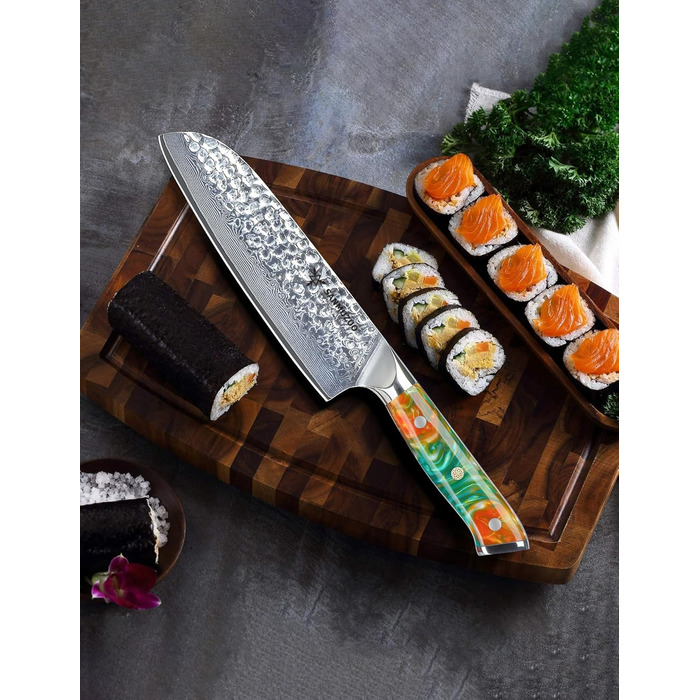 Японський ніж Сантоку 18 см Sanmuzuo Yao серія - ніж для кухні з дамаської сталі та дерев'яної ручки