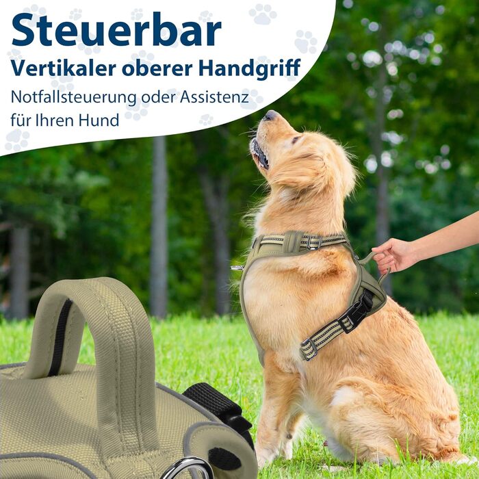 Шлейка для собак середніх порід Funfox, анти-тяга, з ручкою та світловідбиваючими смугами, без коміра, військовий зелений (M)