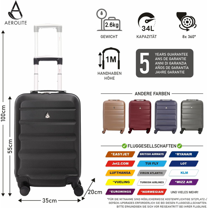 Aerolite XL Large Lightweight ABS Hard Shell 4-Wheel Trolley Suitcase Travel Suitcase Hard Shell Suitcase Rolling Suitcase Luggage, 79cm, (Black, 55cm Carry-on)
