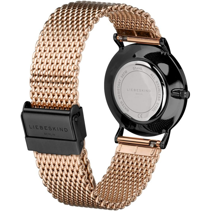 Жіночий годинник Liebeskind Berlin – Круглий кварцовий годинник 34мм – Металеве сітчасте браслет – Водостійкий 5ATM – Сучасний та елегантний Рожеве золото/Чорний з перламутровим відтінком