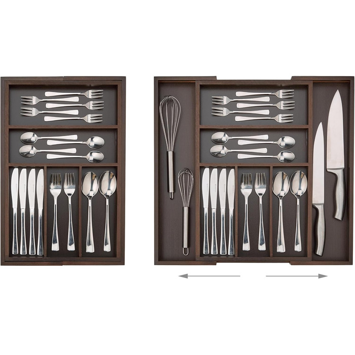 Relaxdays Cutlery Drawer Organizer, Pull-Out, Variable Width, 5-7 Compartments, Bamboo Organizer, HBT: 5x48x46cm, dark brown