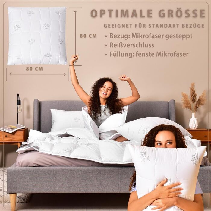 Подушка sei Design 80x80 см, мікрофібра, дихаюча, м'яка, регульована жорсткість, стьобана, прана, для сну