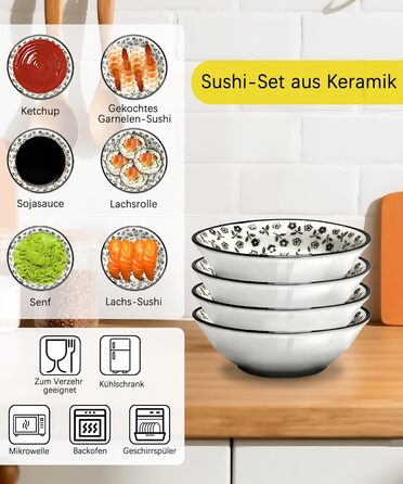Набір для суші на 4 особи, 12 шт. з кераміки, круглий, з візерунком квітки сливи. Ідеальний подарунок на свята.