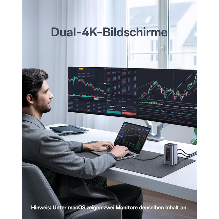 Базаус Док-станція USB-C 12-в-1 для ноутбуків Dell/HP/Lenovo/Asus/Acer/Mac: 2 монітори 4K HDMI, 10Gbps USB-C/A, 100W PD, Gigabit Ethernet