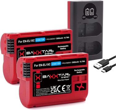 Акумулятор Baxxtar EN-EL15c 2600mAh з зарядним пристроєм Dual (LCD USB-C Micro-USB) для Nikon Z5, Z6 II, Z7 II, Z8, D500, D600, D610, D750, D780, D800, D810, D850, D7000, D7100, D7200, D7500, сумісний з EN-EL15b, ENEL15, EN EL15