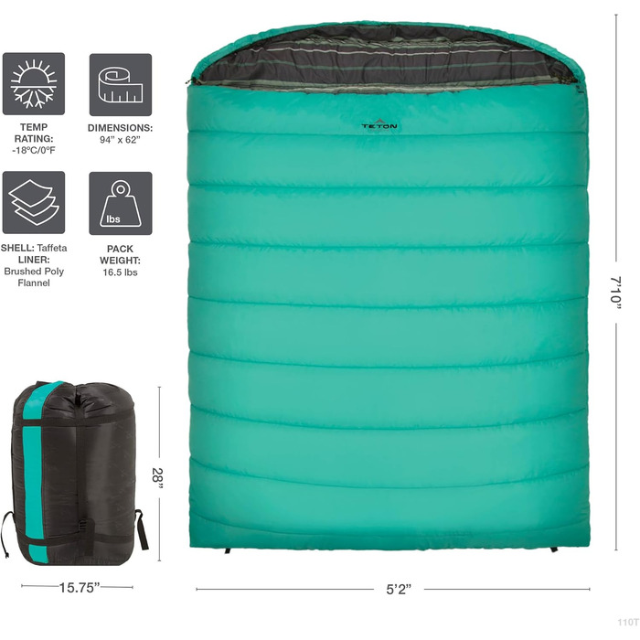 Сплячий мішок TETON Sports Mammoth Queen-Size Double для кемпінгу - теплий та зручний, 0°F (teal taffeta)