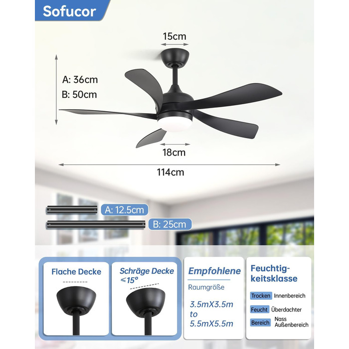 Стельовий вентилятор Sofucor Smart з підсвічуванням 132 см, сумісний з Alexa/APP, пульт, 3 режими світла, таймер, 6 швидкостей, тихий DC для вітальні (Чорний)