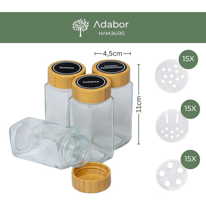 Стильна бамбукова полиця для спецій Adabor - органайзер з 27 скляними баночками, кришками та 144 етикетками