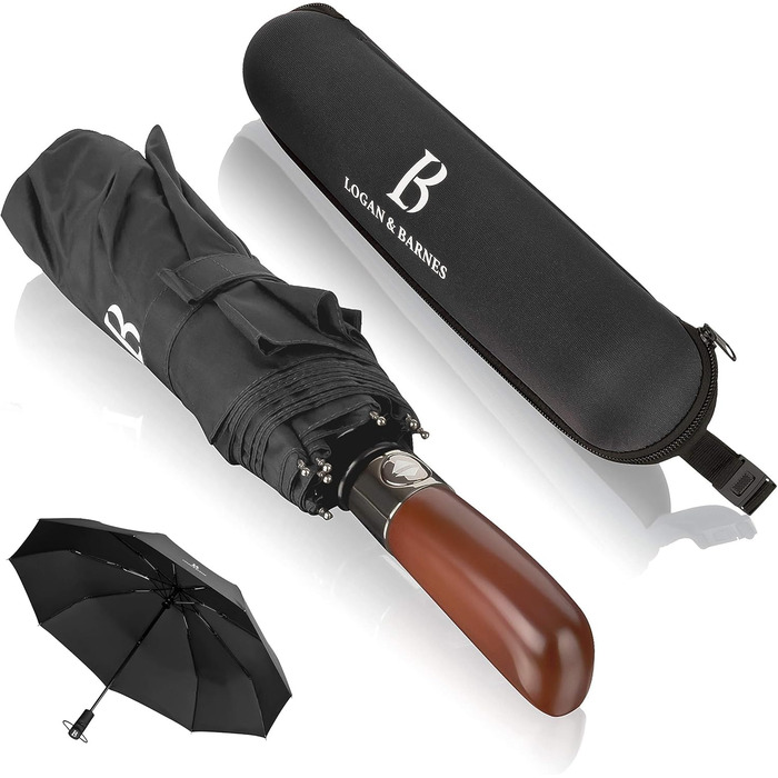 Чорний парасолька LOGAN & BARNES Dublin: штормостійкий, з дерев'яною ручкою та тефлоновим покриттям