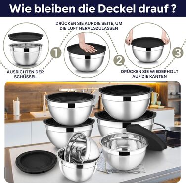 Набір мисок із нержавіючої сталі HaWare (7 шт.) з герметичними кришками, штабелювані ємності для змішування, випікання та зберігання продуктів, 0.7-6.5 л, чорні
