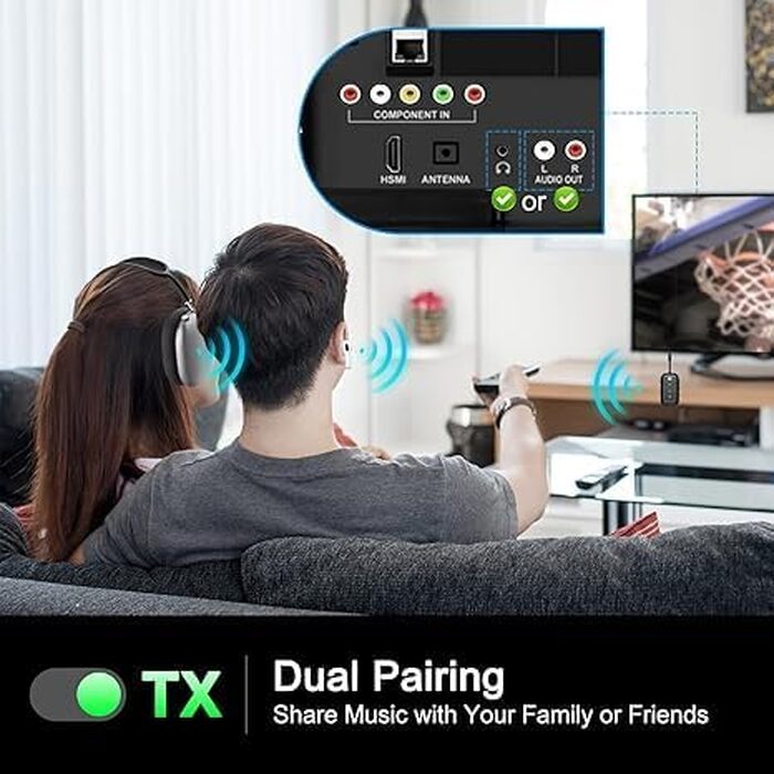 Bluetooth-адаптер 2-в-1 для літака (трансмітер та ресивер) з підтримкою aptX, роз'єм 3.5 мм Jack, версія 5.4, чорний