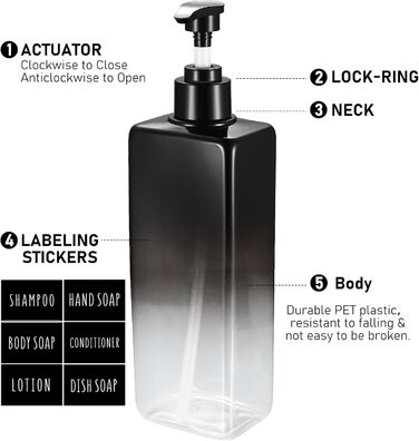 4 флакони для шампуню, мила та гелю для душу, 500 мл, з дозатором, наклейки, градієнт чорного кольору