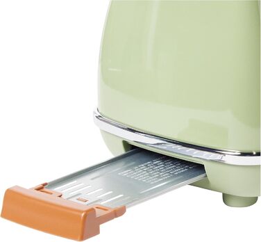 Тостер De'Longhi Icona Vintage CTOV 2103.GR Olive Green – 2 слоти, підставка для булок, 6 рівнів підсмажування, функція підігріву та розморожування, з нержавіючої сталі, ретро-дизайн