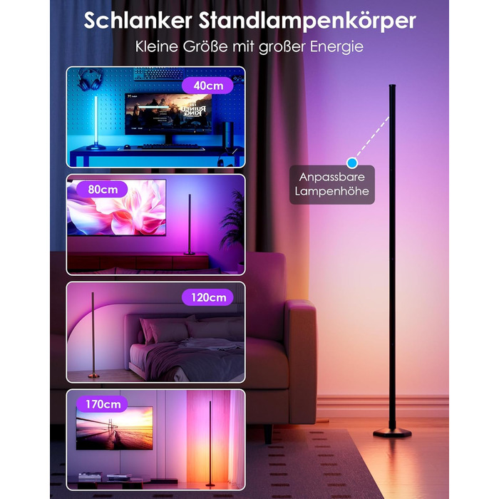 LED-стійка лампа WISIMMALL для вітальні з RGBIC, диммуванням та керуванням через додаток, 170 см, 16 мільйонів кольорів, 300 режимів, музичний синхронізація, для дому