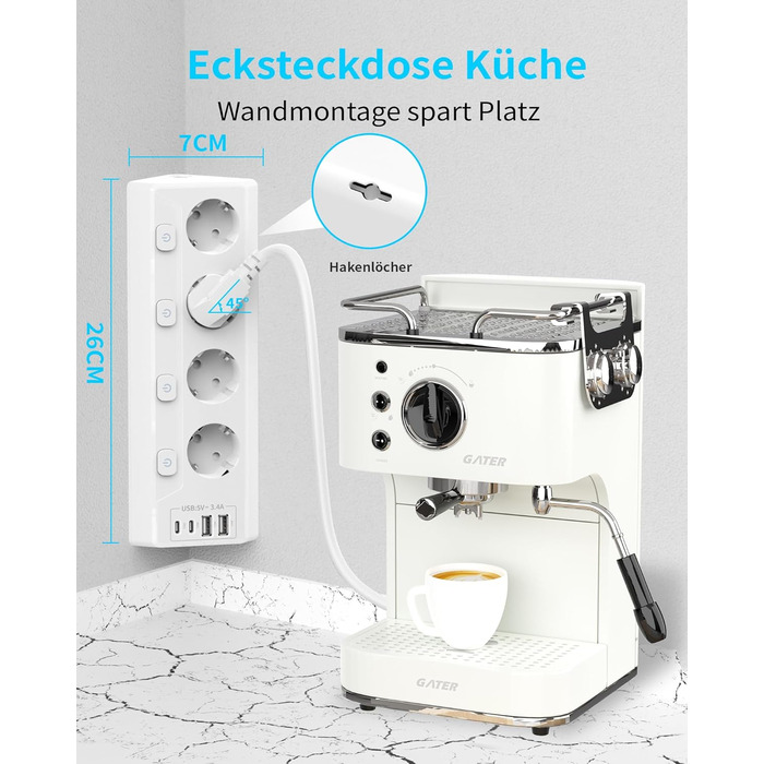 Многофункціональна мережева розетка з USB-C та захистом від перенапруги, 6 розеток, 2м кабель, 4000W, 16A, для кухні, дому, офісу (білий)