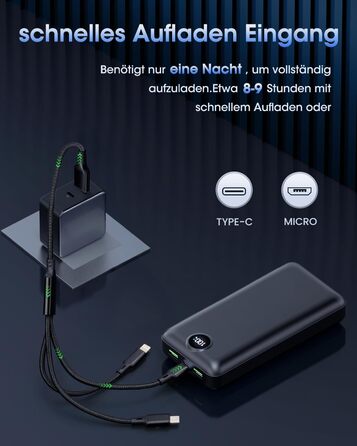 Power Bank 50000mAh з 3 кабелями, швидка зарядка 22.5W, USB-C, LED дисплей, сумісний з iPhone, iPad, Android - Чорний
