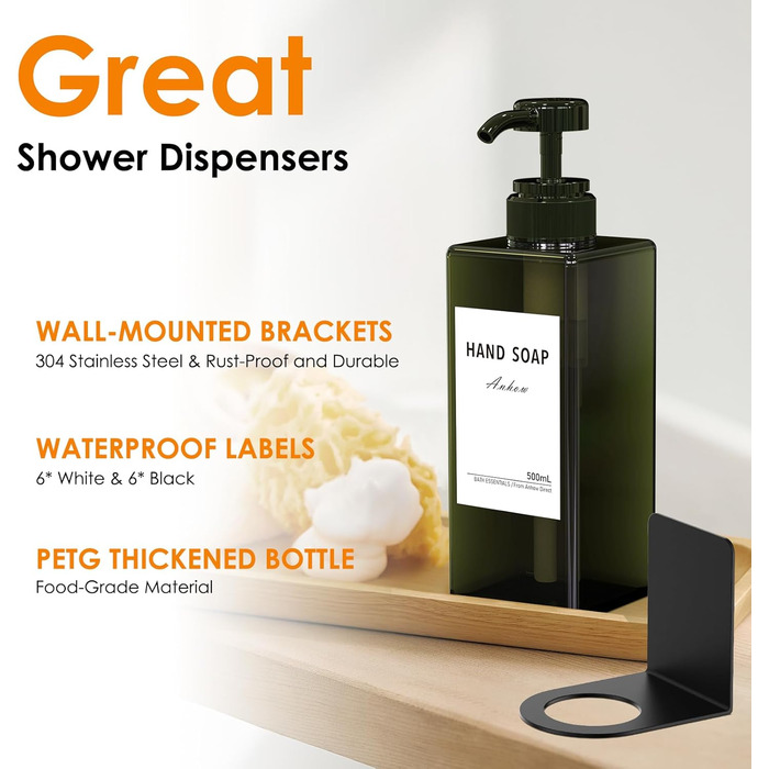 Дозатор мила настінний Anhow 3er PETG, набір 3 шт., зелений, 500 мл, без свердління, для кухні/ванної кімнати