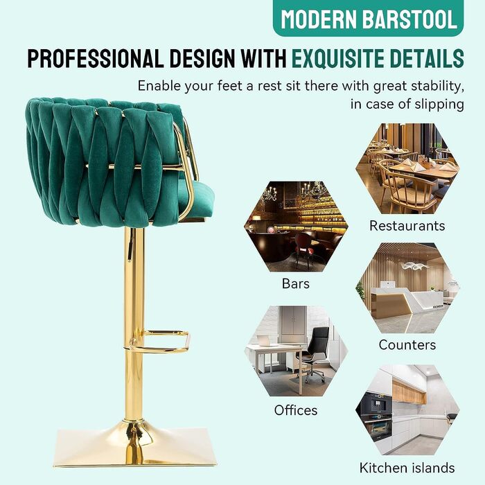 Emerald Velvet Bar Stools 2-Pack - Adjustable Swivel Kitchen Barstools with Backrest for Kitchen & Home Bar